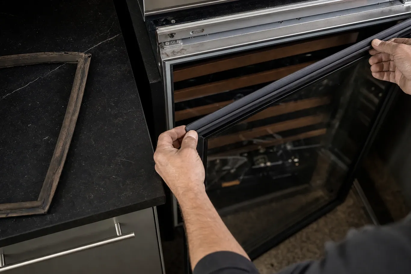 Hands feeding a black magnetic gasket into the frame of a glass-door wine cabinet, the old gasket lying on the dark stone counter above