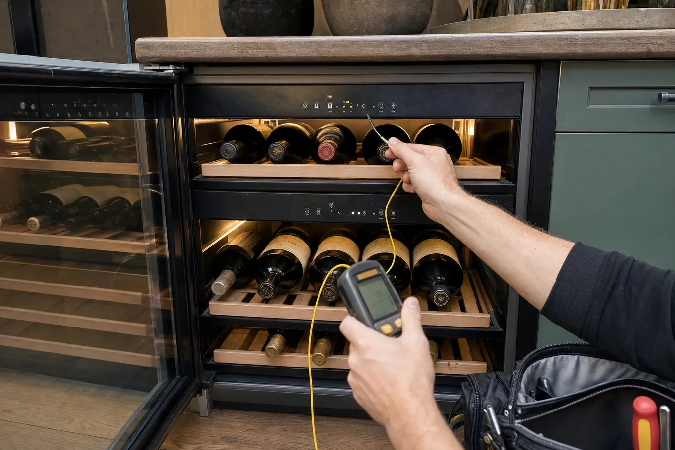 A thermometer probe rested on bottles at the upper rack of an open wine cabinet, the digital readout held on its lead below and a tool bag on the floor